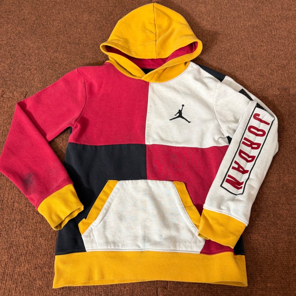 Jordan Kids Jumpman Colorblock Pullover Hoodie Red White Black Yellow Size 10-12